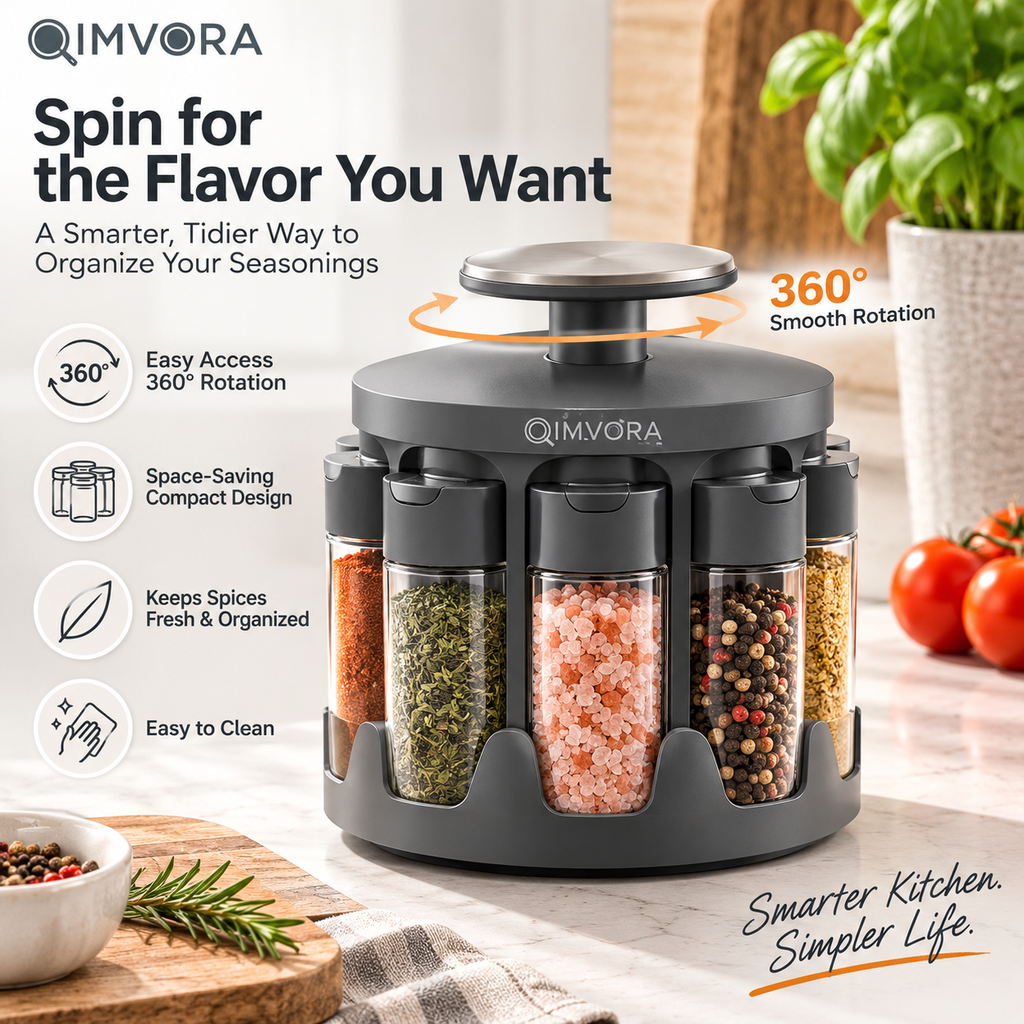 QIMVORA 360° Rotating Spice Rack Organizer with 8 Glass Spice Jars, Countertop Seasoning Carousel with Flip-Top Shaker Lids, Compact Spice Storage Holder for Kitchen Counter and Cabinet