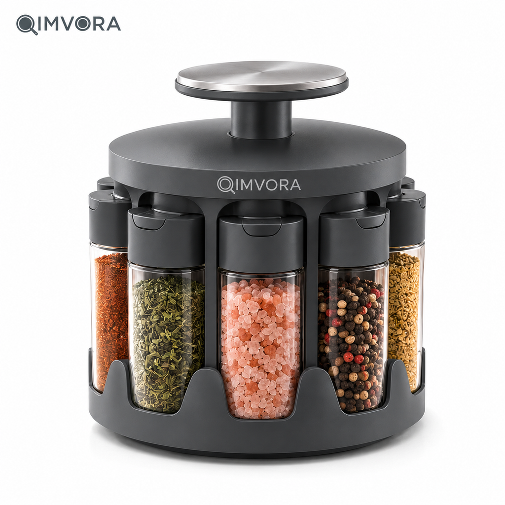 QIMVORA 360° Rotating Spice Rack Organizer with 8 Glass Spice Jars, Countertop Seasoning Carousel with Flip-Top Shaker Lids, Compact Spice Storage Holder for Kitchen Counter and Cabinet