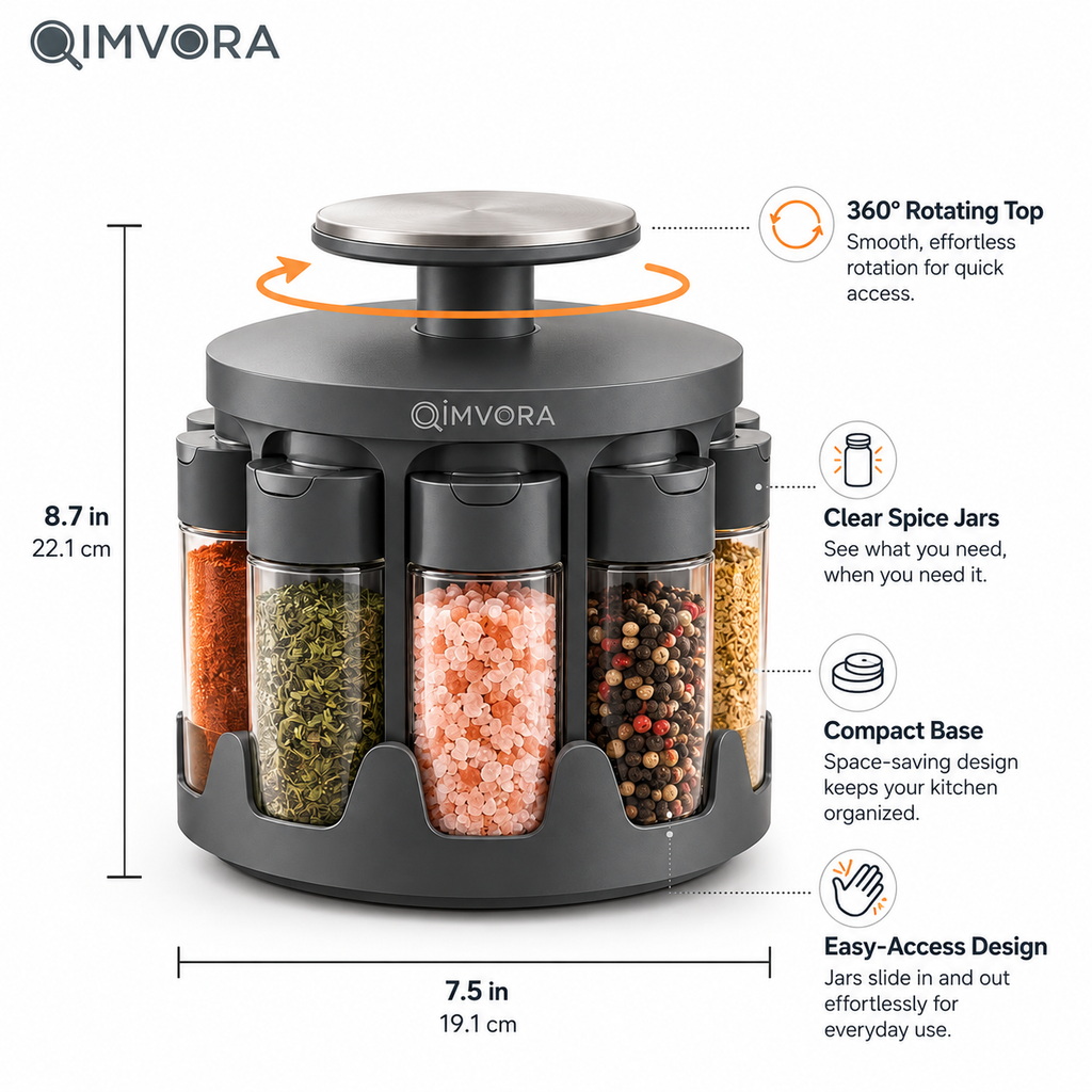 QIMVORA 360° Rotating Spice Rack Organizer with 8 Glass Spice Jars, Countertop Seasoning Carousel with Flip-Top Shaker Lids, Compact Spice Storage Holder for Kitchen Counter and Cabinet