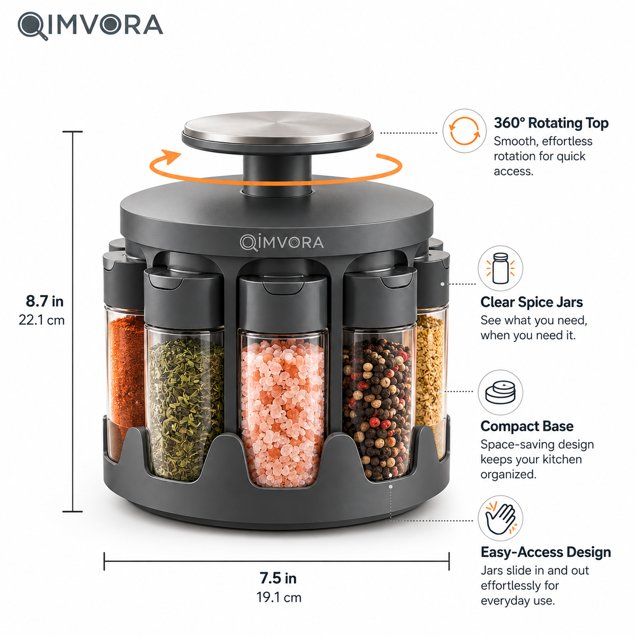 QIMVORA 360° Rotating Spice Rack Organizer with 8 Glass Spice Jars, Countertop Seasoning Carousel with Flip-Top Shaker Lids, Compact Spice Storage Holder for Kitchen Counter and Cabinet