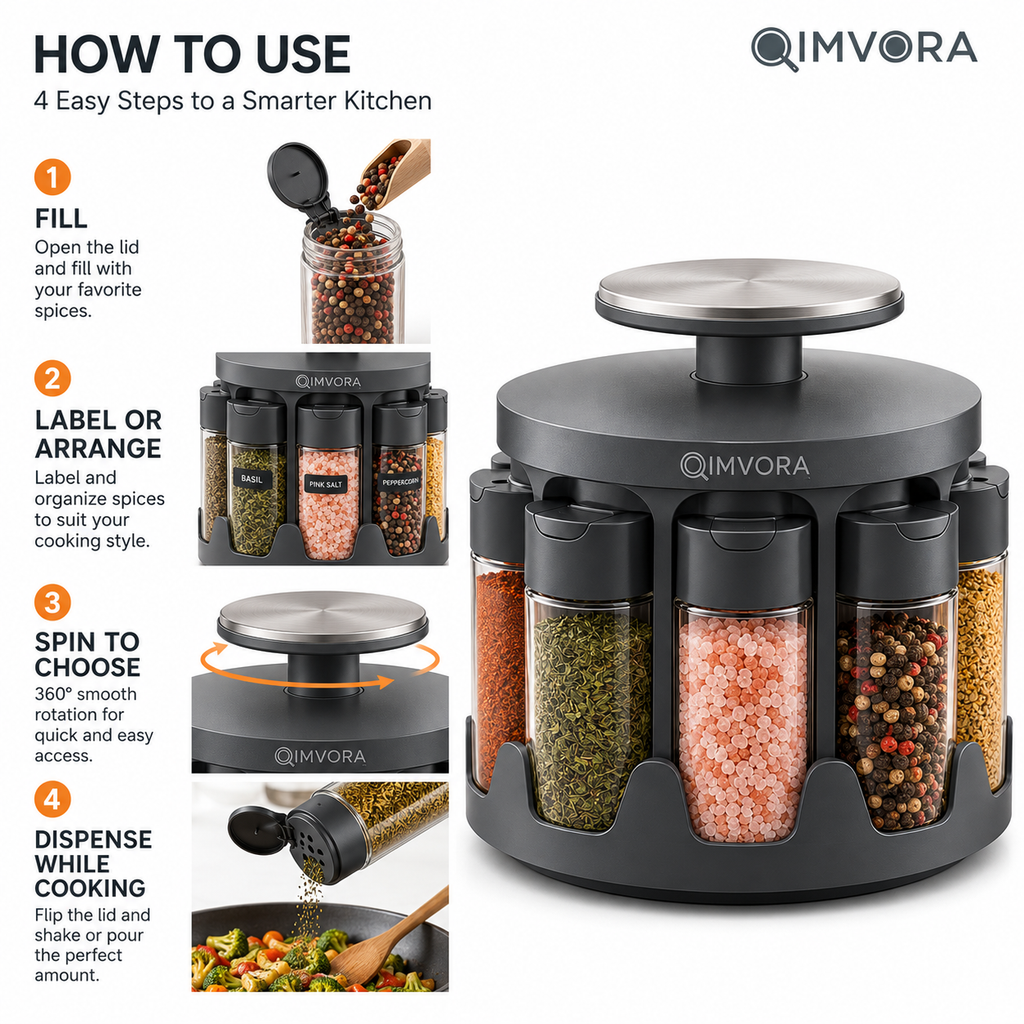 QIMVORA 360° Rotating Spice Rack Organizer with 8 Glass Spice Jars, Countertop Seasoning Carousel with Flip-Top Shaker Lids, Compact Spice Storage Holder for Kitchen Counter and Cabinet