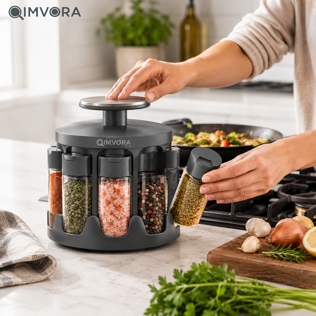 QIMVORA 360° Rotating Spice Rack Organizer with 8 Glass Spice Jars, Countertop Seasoning Carousel with Flip-Top Shaker Lids, Compact Spice Storage Holder for Kitchen Counter and Cabinet