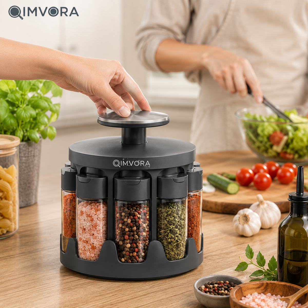 QIMVORA 360° Rotating Spice Rack Organizer with 8 Glass Spice Jars, Countertop Seasoning Carousel with Flip-Top Shaker Lids, Compact Spice Storage Holder for Kitchen Counter and Cabinet