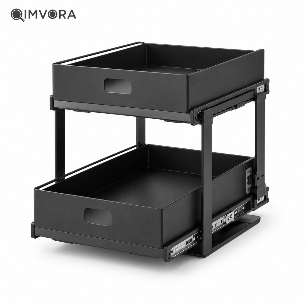 QIMVORA 2-Tier Pull-Out Cabinet Organizer, Double Sliding Pantry Storage Rack with Metal Drawers, Space-Saving Kitchen Cabinet Organizer for Spices, Bottles, Jars and Pantry Essentials