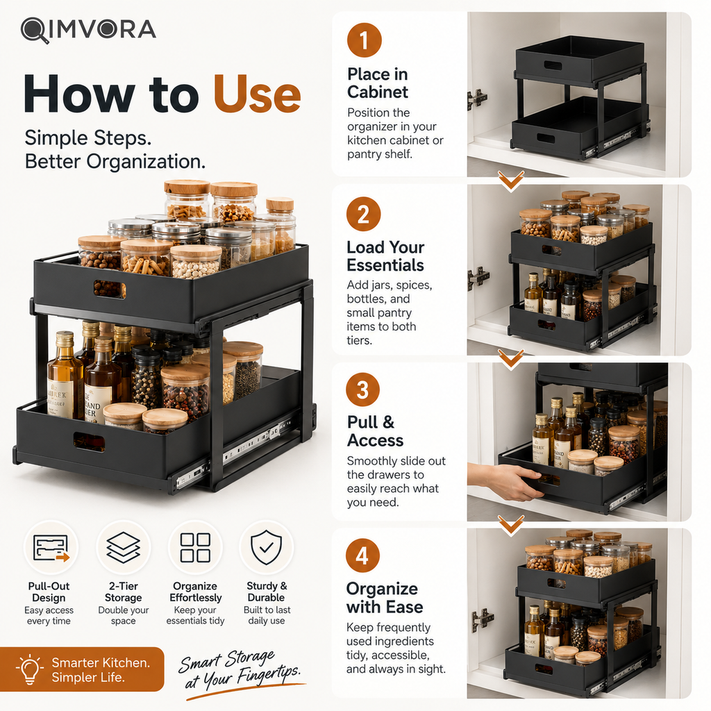 QIMVORA 2-Tier Pull-Out Cabinet Organizer, Double Sliding Pantry Storage Rack with Metal Drawers, Space-Saving Kitchen Cabinet Organizer for Spices, Bottles, Jars and Pantry Essentials