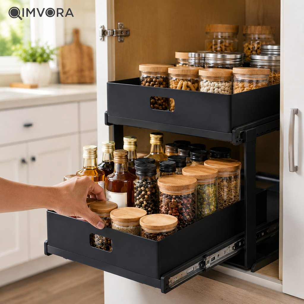 QIMVORA 2-Tier Pull-Out Cabinet Organizer, Double Sliding Pantry Storage Rack with Metal Drawers, Space-Saving Kitchen Cabinet Organizer for Spices, Bottles, Jars and Pantry Essentials