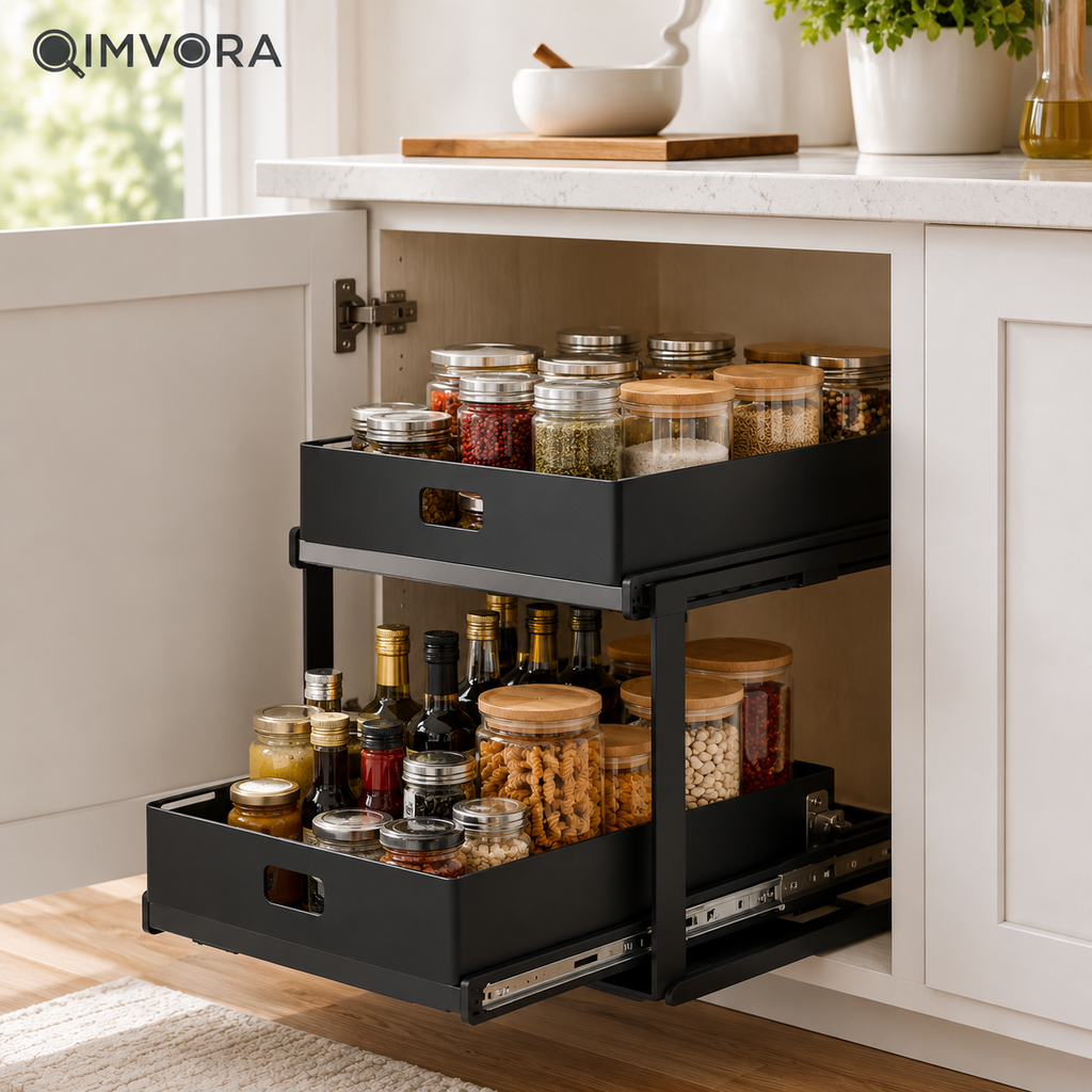 QIMVORA 2-Tier Pull-Out Cabinet Organizer, Double Sliding Pantry Storage Rack with Metal Drawers, Space-Saving Kitchen Cabinet Organizer for Spices, Bottles, Jars and Pantry Essentials