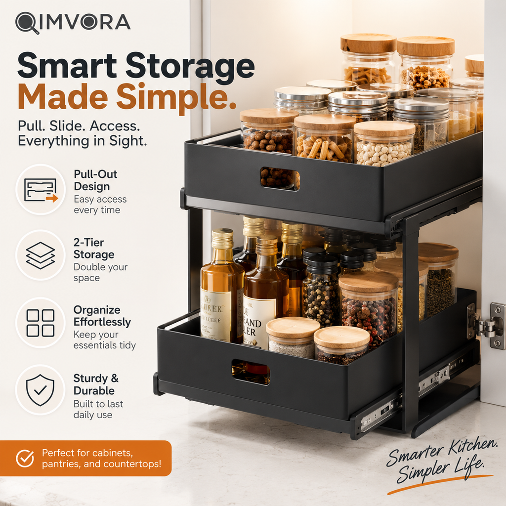 QIMVORA 2-Tier Pull-Out Cabinet Organizer, Double Sliding Pantry Storage Rack with Metal Drawers, Space-Saving Kitchen Cabinet Organizer for Spices, Bottles, Jars and Pantry Essentials
