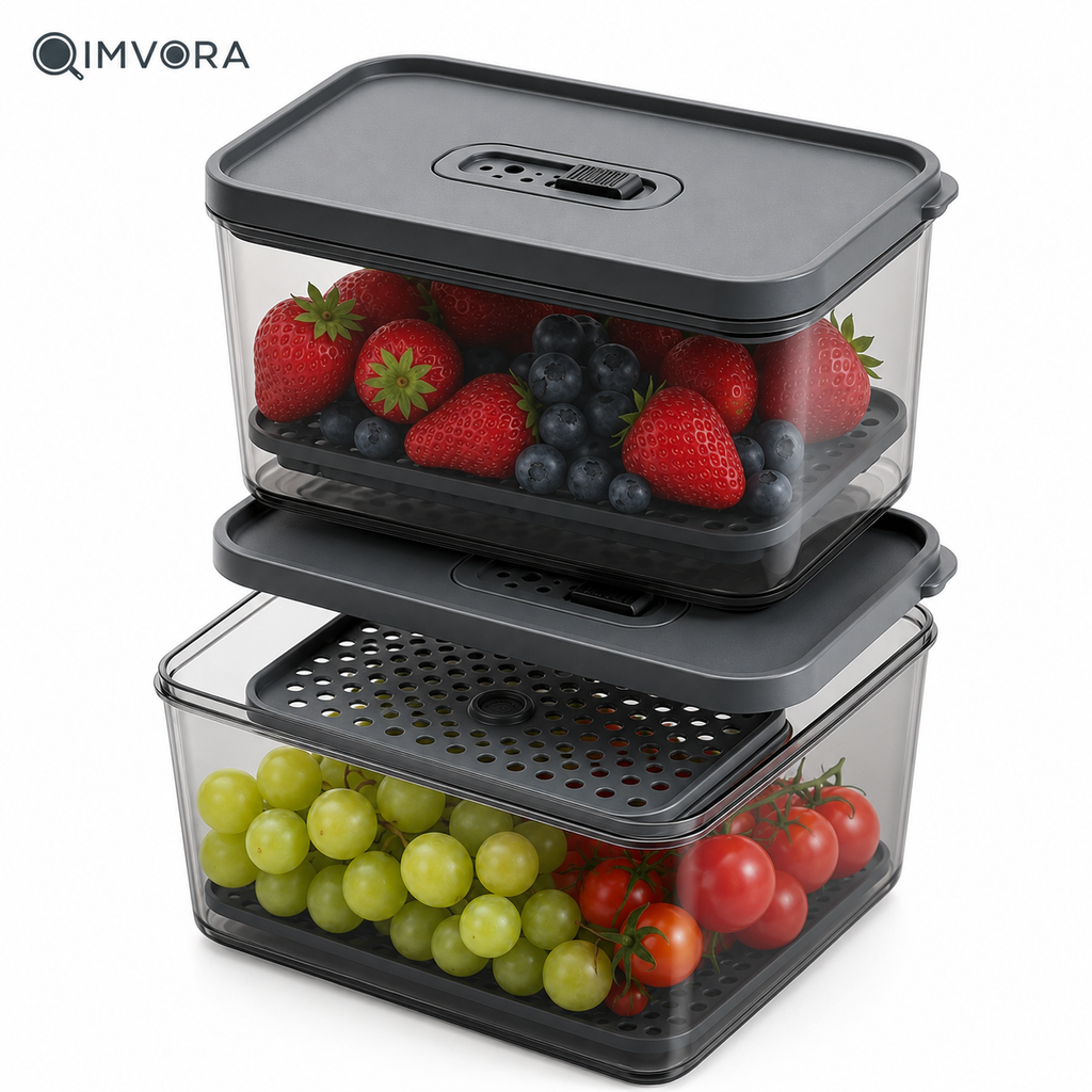 QIMVORA FreshStack Produce Keeper Set – 2-Pack Stackable Fruit and Vegetable Storage Containers with Adjustable Air Vents, Removable Drain Trays and Clear Refrigerator Organizer Bins