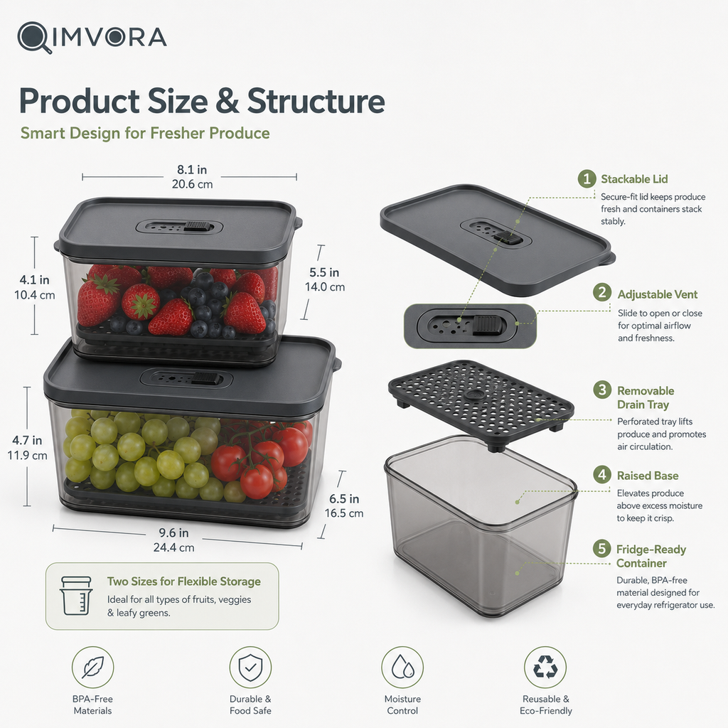 QIMVORA FreshStack Produce Keeper Set – 2-Pack Stackable Fruit and Vegetable Storage Containers with Adjustable Air Vents, Removable Drain Trays and Clear Refrigerator Organizer Bins
