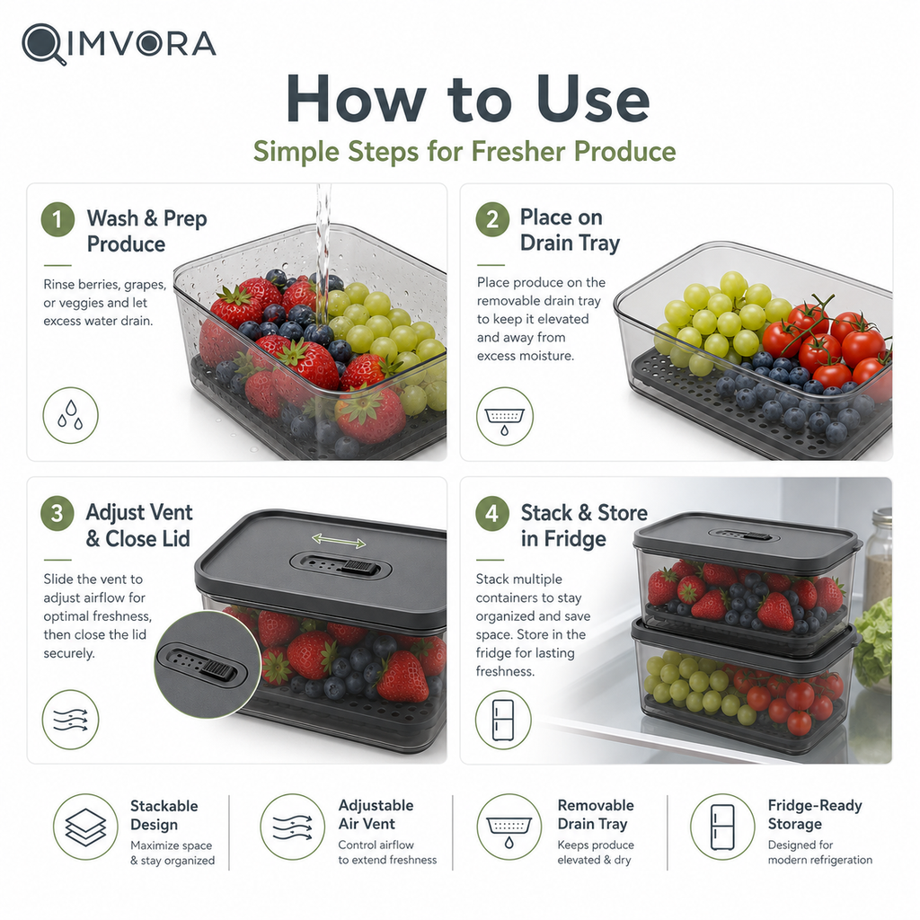 QIMVORA FreshStack Produce Keeper Set – 2-Pack Stackable Fruit and Vegetable Storage Containers with Adjustable Air Vents, Removable Drain Trays and Clear Refrigerator Organizer Bins
