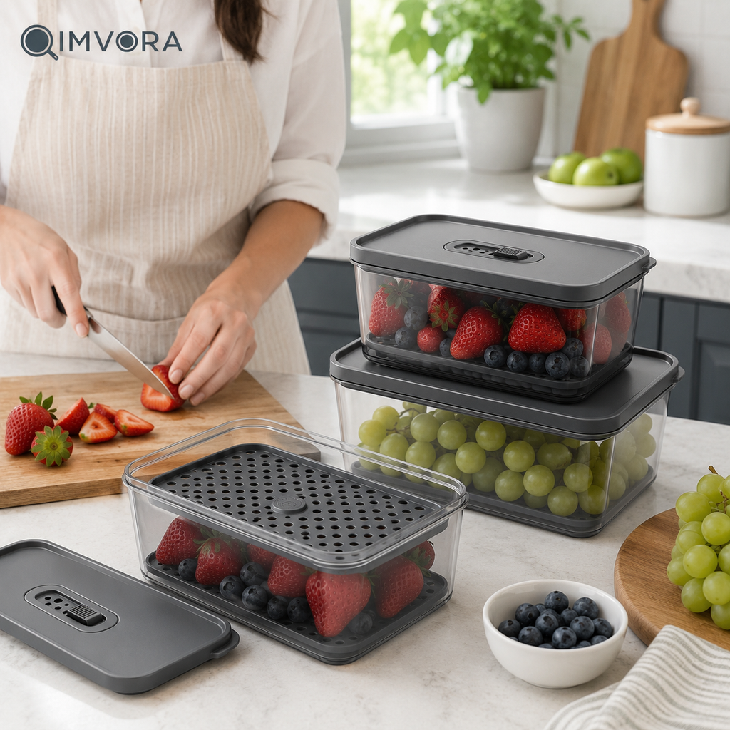 QIMVORA FreshStack Produce Keeper Set – 2-Pack Stackable Fruit and Vegetable Storage Containers with Adjustable Air Vents, Removable Drain Trays and Clear Refrigerator Organizer Bins