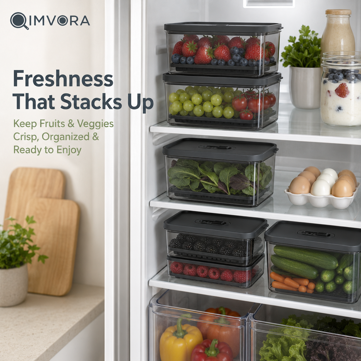 QIMVORA FreshStack Produce Keeper Set – 2-Pack Stackable Fruit and Vegetable Storage Containers with Adjustable Air Vents, Removable Drain Trays and Clear Refrigerator Organizer Bins