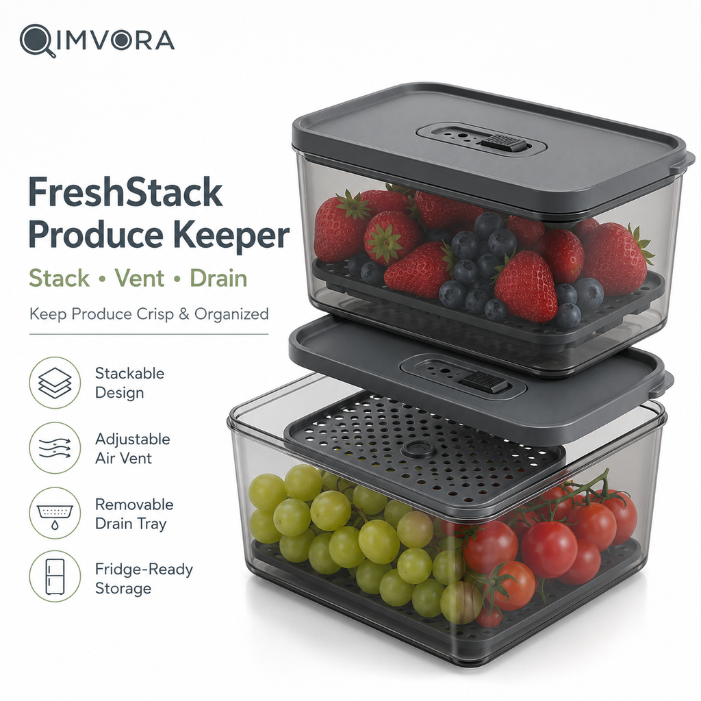 QIMVORA FreshStack Produce Keeper Set – 2-Pack Stackable Fruit and Vegetable Storage Containers with Adjustable Air Vents, Removable Drain Trays and Clear Refrigerator Organizer Bins