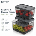 QIMVORA FreshStack Produce Keeper Set – 2-Pack Stackable Fruit and Vegetable Storage Containers with Adjustable Air Vents, Removable Drain Trays and Clear Refrigerator Organizer Bins