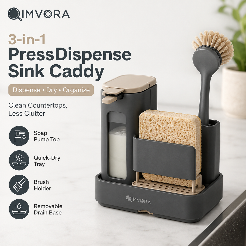 QIMVORA 3-in-1 Kitchen Sink Caddy with Soap Dispenser, Sponge Holder, Dish Brush Storage and Removable Drain Tray – Countertop Sink Organizer for Dishwashing Essentials
