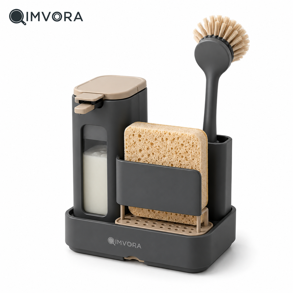 QIMVORA 3-in-1 Kitchen Sink Caddy with Soap Dispenser, Sponge Holder, Dish Brush Storage and Removable Drain Tray – Countertop Sink Organizer for Dishwashing Essentials