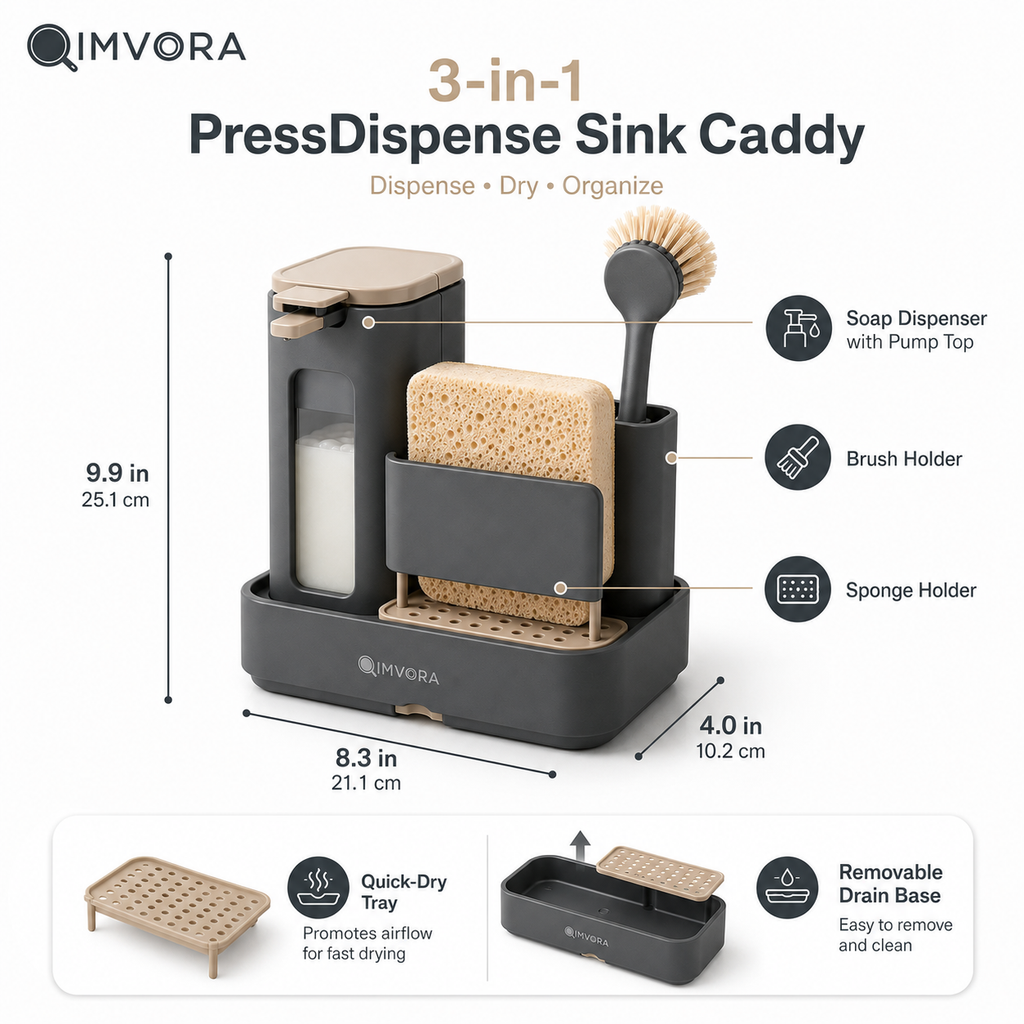 QIMVORA 3-in-1 Kitchen Sink Caddy with Soap Dispenser, Sponge Holder, Dish Brush Storage and Removable Drain Tray – Countertop Sink Organizer for Dishwashing Essentials