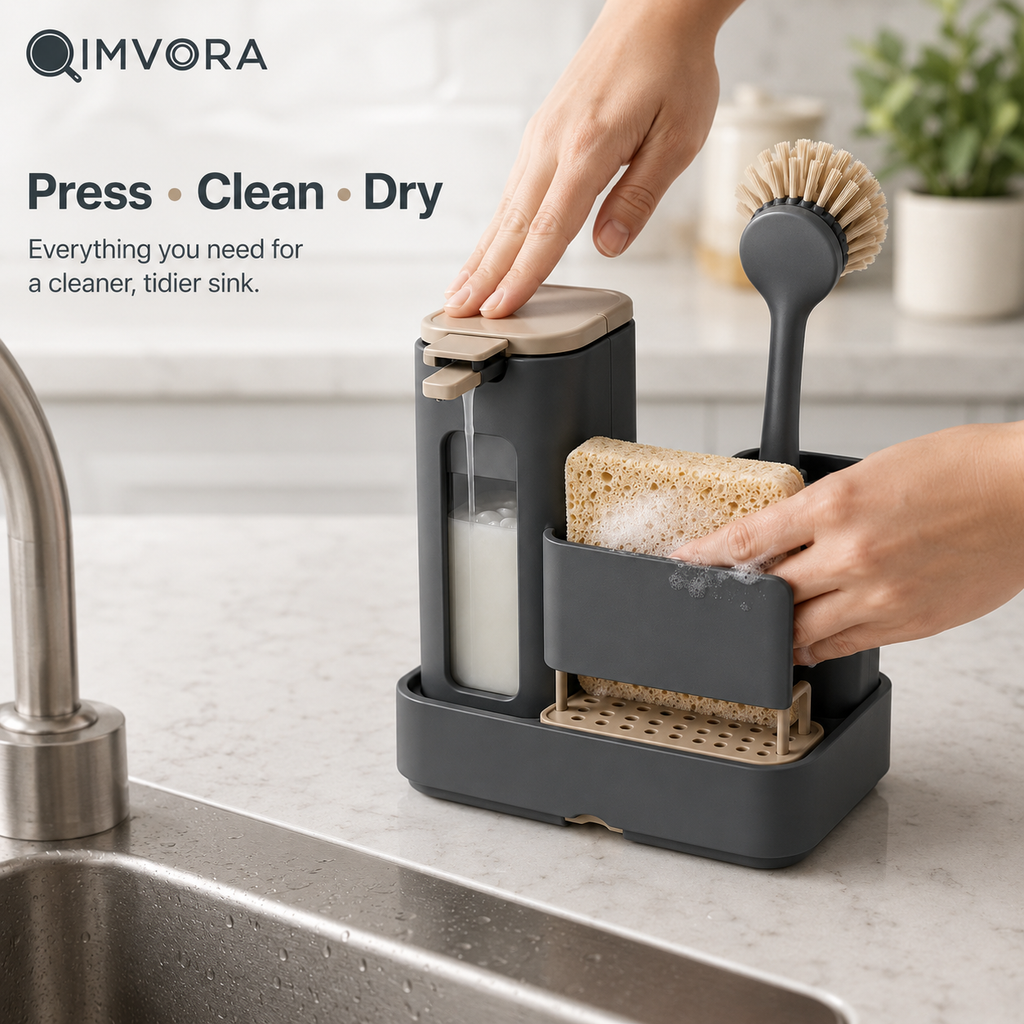 QIMVORA 3-in-1 Kitchen Sink Caddy with Soap Dispenser, Sponge Holder, Dish Brush Storage and Removable Drain Tray – Countertop Sink Organizer for Dishwashing Essentials