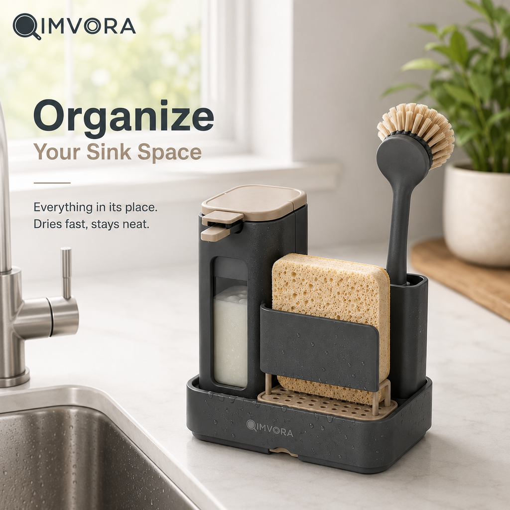 QIMVORA 3-in-1 Kitchen Sink Caddy with Soap Dispenser, Sponge Holder, Dish Brush Storage and Removable Drain Tray – Countertop Sink Organizer for Dishwashing Essentials
