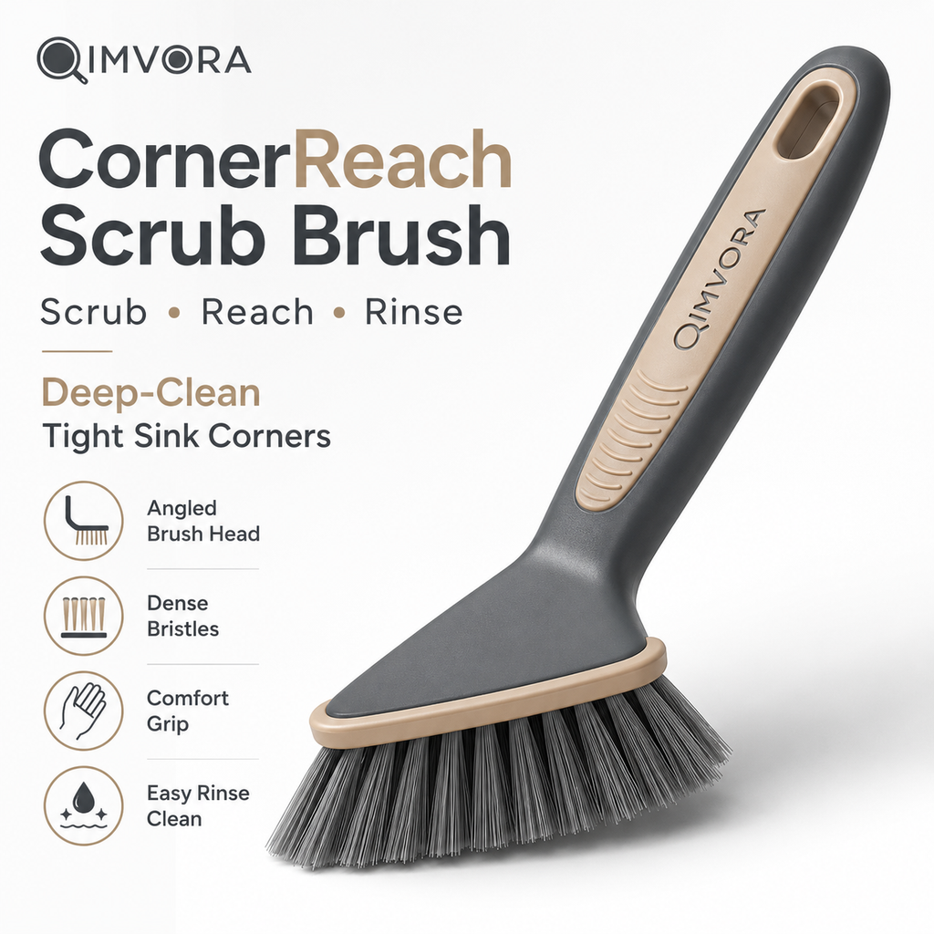 QIMVORA CornerReach Scrub Brush – Angled Kitchen Cleaning Brush for Sink Corners, Countertop Edges, Grout Lines and Hard-to-Reach Spots, with Dense Bristles and Ergonomic Non-Slip Handle