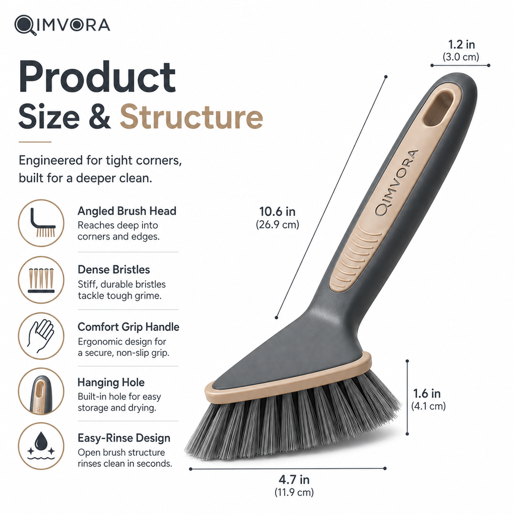 QIMVORA CornerReach Scrub Brush – Angled Kitchen Cleaning Brush for Sink Corners, Countertop Edges, Grout Lines and Hard-to-Reach Spots, with Dense Bristles and Ergonomic Non-Slip Handle