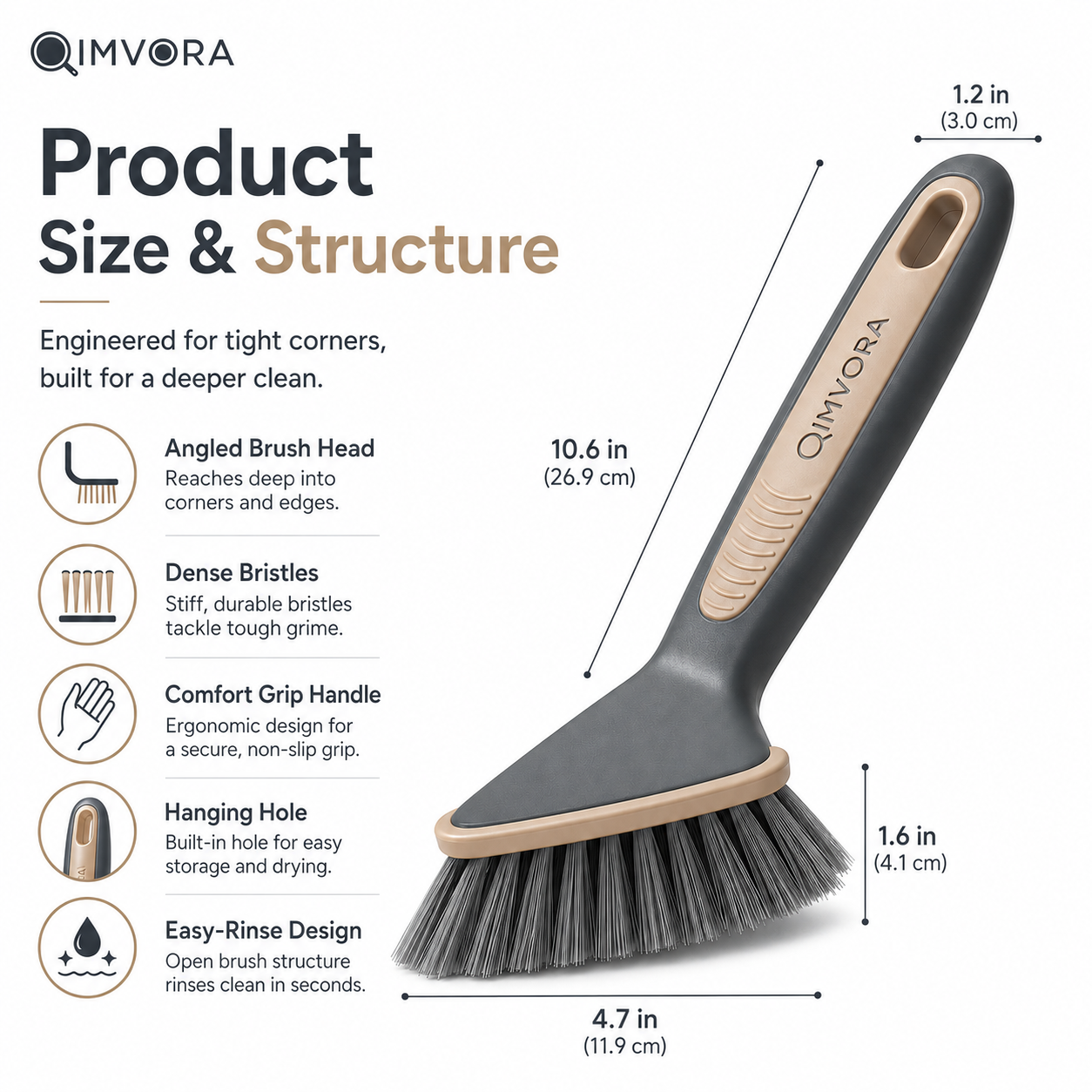 QIMVORA CornerReach Scrub Brush – Angled Kitchen Cleaning Brush for Sink Corners, Countertop Edges, Grout Lines and Hard-to-Reach Spots, with Dense Bristles and Ergonomic Non-Slip Handle