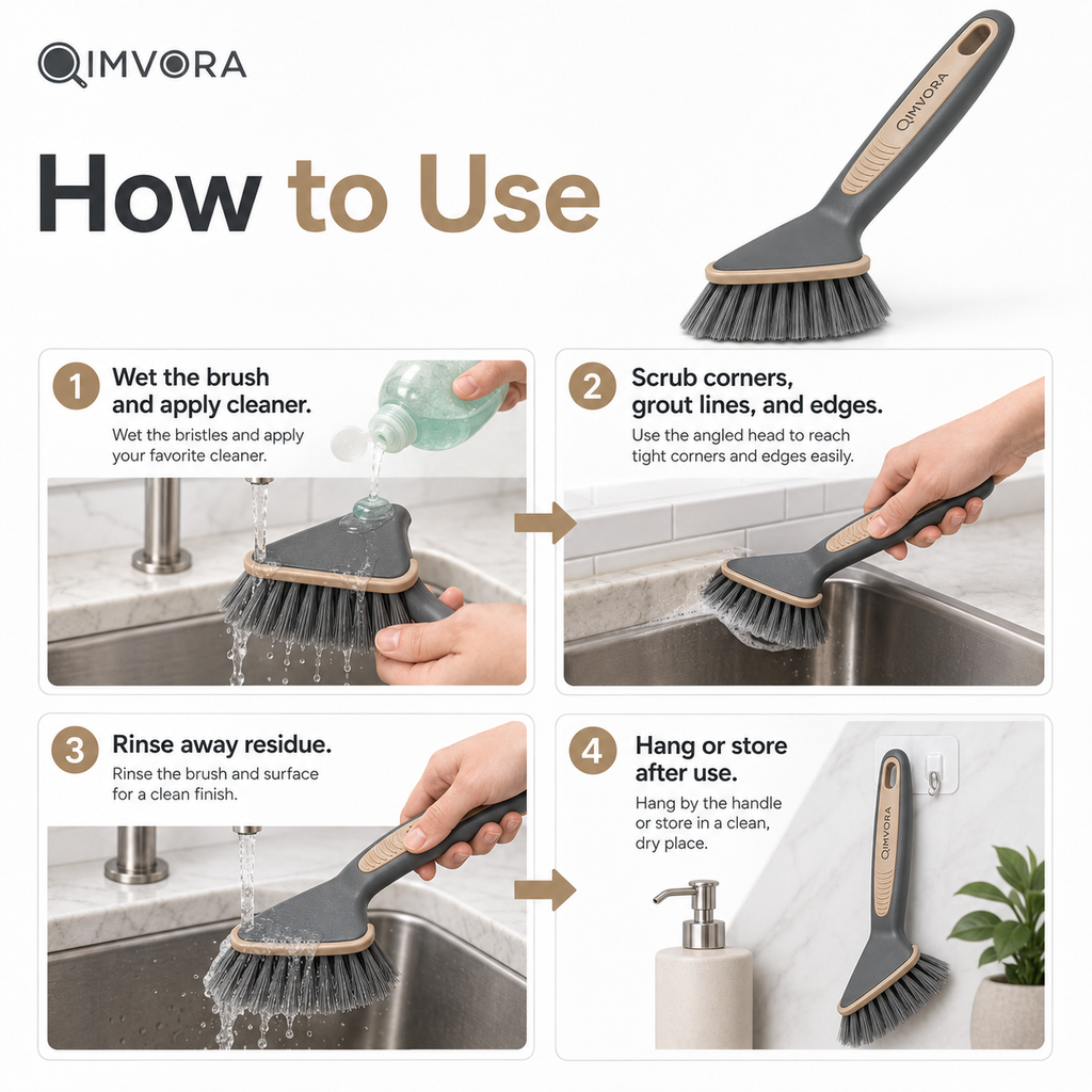 QIMVORA CornerReach Scrub Brush – Angled Kitchen Cleaning Brush for Sink Corners, Countertop Edges, Grout Lines and Hard-to-Reach Spots, with Dense Bristles and Ergonomic Non-Slip Handle