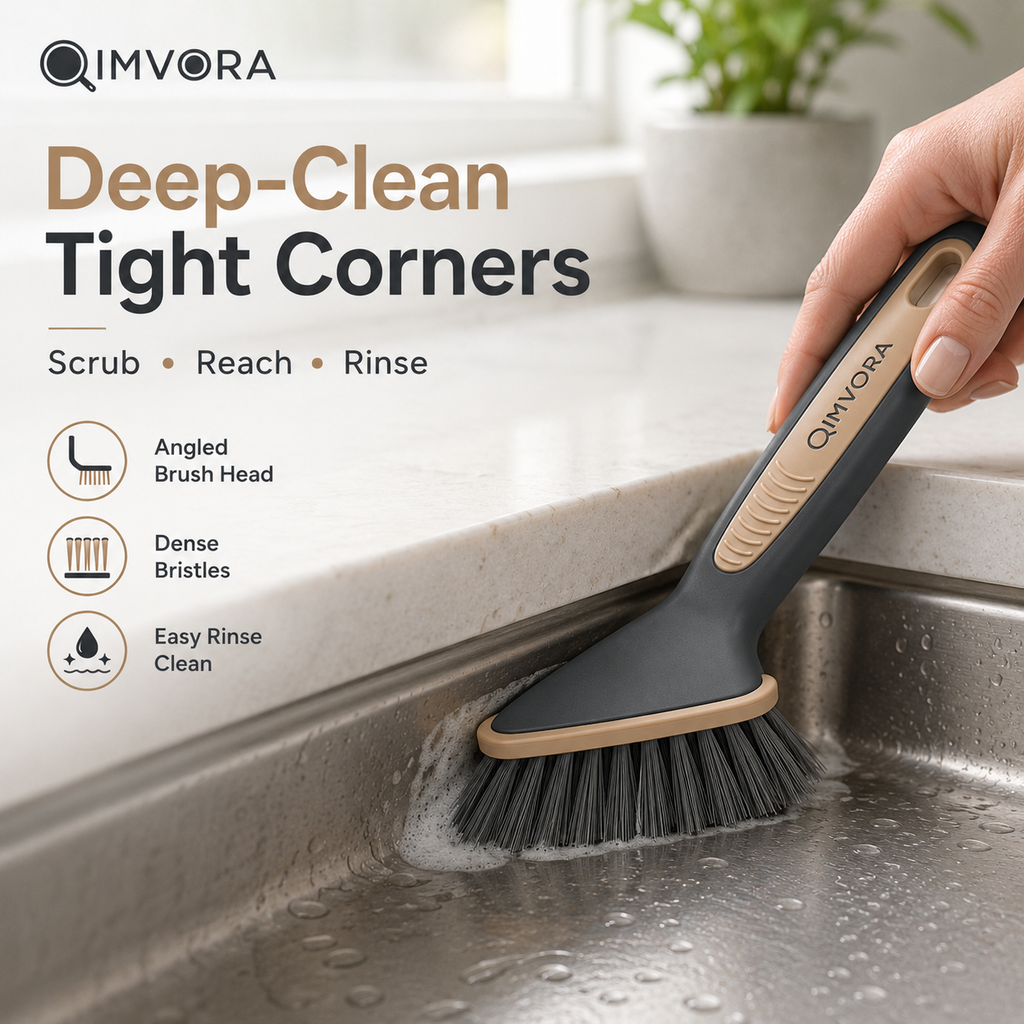 QIMVORA CornerReach Scrub Brush – Angled Kitchen Cleaning Brush for Sink Corners, Countertop Edges, Grout Lines and Hard-to-Reach Spots, with Dense Bristles and Ergonomic Non-Slip Handle