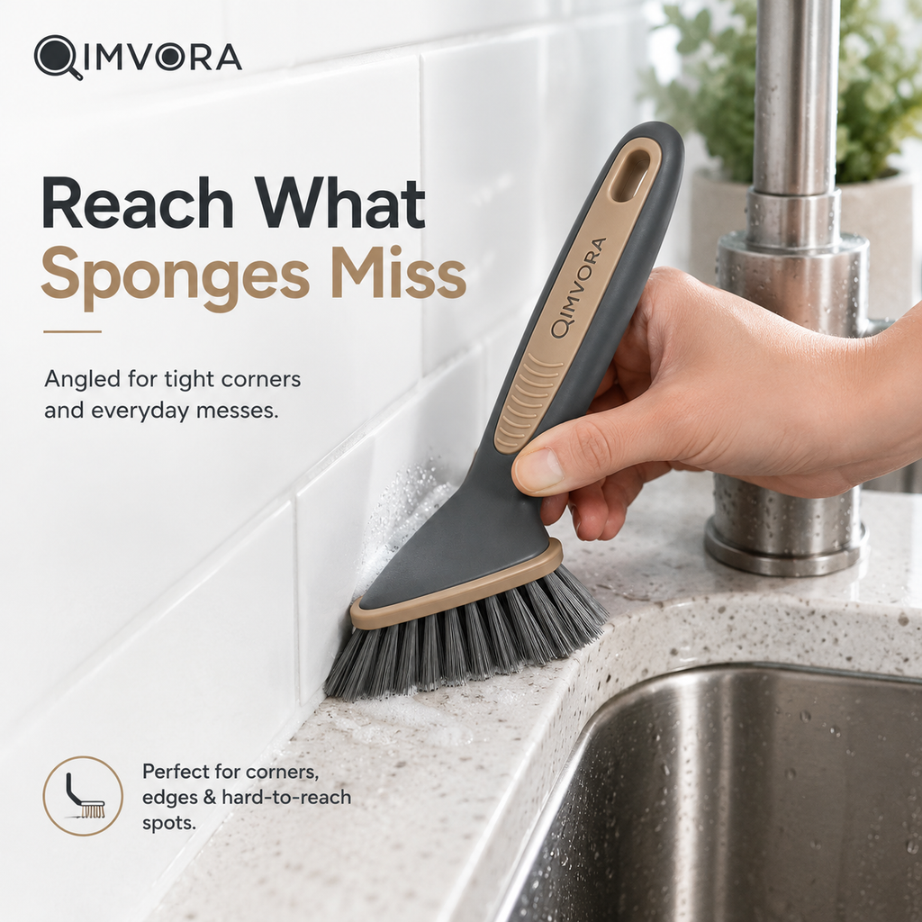 QIMVORA CornerReach Scrub Brush – Angled Kitchen Cleaning Brush for Sink Corners, Countertop Edges, Grout Lines and Hard-to-Reach Spots, with Dense Bristles and Ergonomic Non-Slip Handle