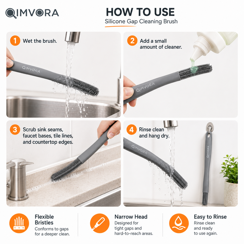 QIMVORA Silicone Gap Cleaning Brush – Long Handle Kitchen Sink Crevice Cleaner, Flexible Silicone Scrub Brush for Faucet Edges, Countertop Seams, Tile Gaps & Hard-to-Reach Areas