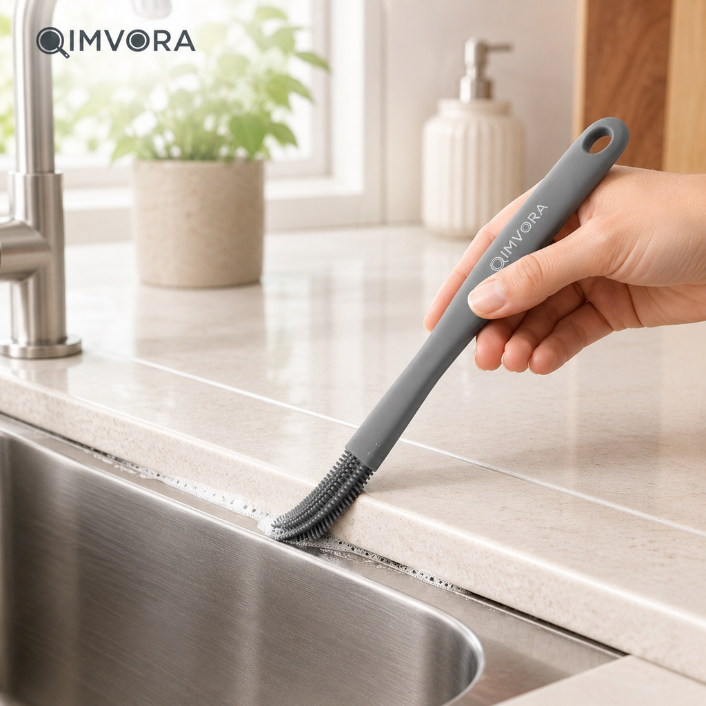 QIMVORA Silicone Gap Cleaning Brush – Long Handle Kitchen Sink Crevice Cleaner, Flexible Silicone Scrub Brush for Faucet Edges, Countertop Seams, Tile Gaps & Hard-to-Reach Areas
