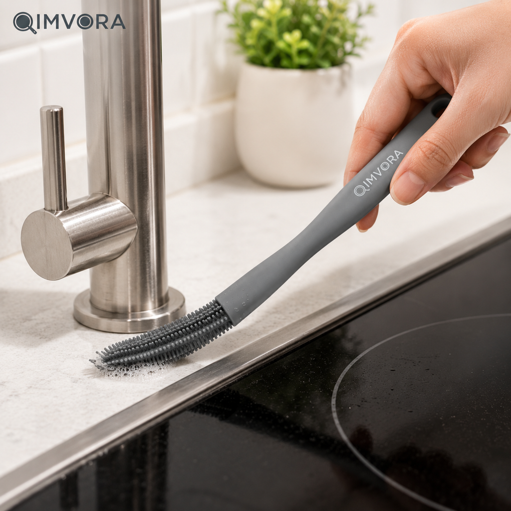 QIMVORA Silicone Gap Cleaning Brush – Long Handle Kitchen Sink Crevice Cleaner, Flexible Silicone Scrub Brush for Faucet Edges, Countertop Seams, Tile Gaps & Hard-to-Reach Areas