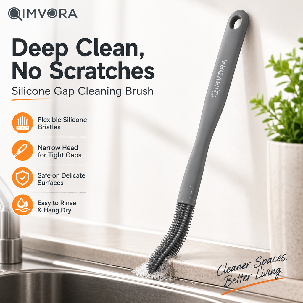 QIMVORA Silicone Gap Cleaning Brush – Long Handle Kitchen Sink Crevice Cleaner, Flexible Silicone Scrub Brush for Faucet Edges, Countertop Seams, Tile Gaps & Hard-to-Reach Areas