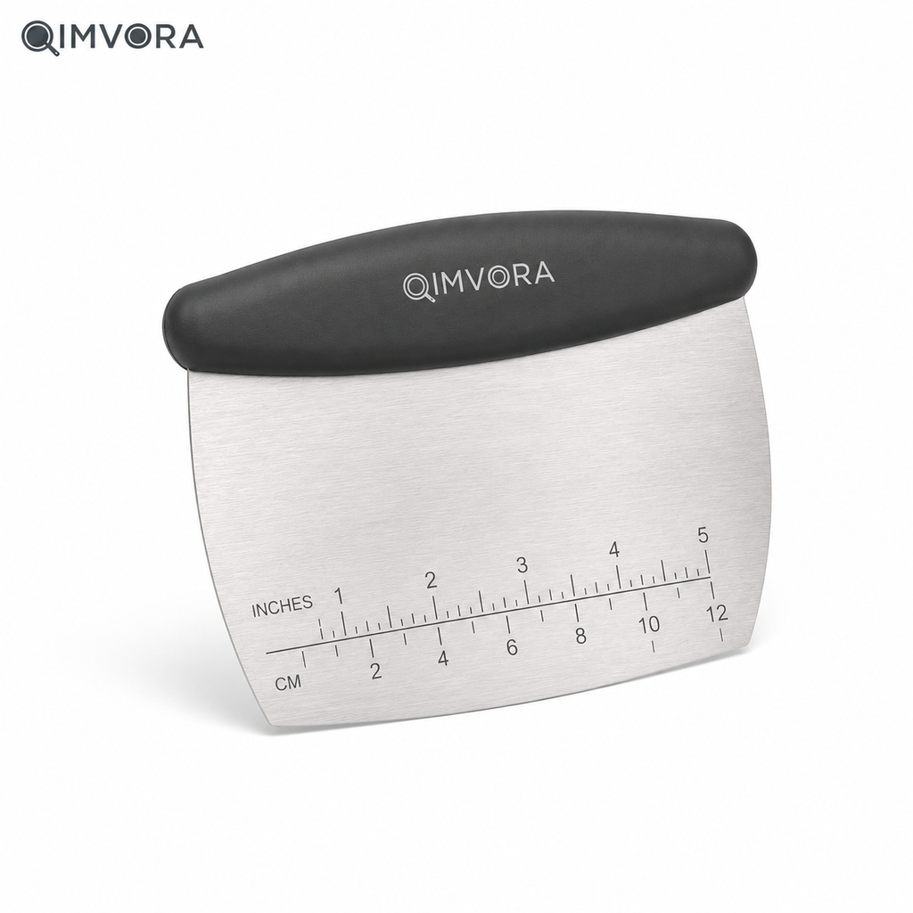 QIMVORA Stainless Steel Dough Scraper with Ergonomic Handle – Professional Baking Bench Scraper with Measurement Ruler, Pastry Cutter, Dough Divider & Kitchen Counter Cleaner Tool
