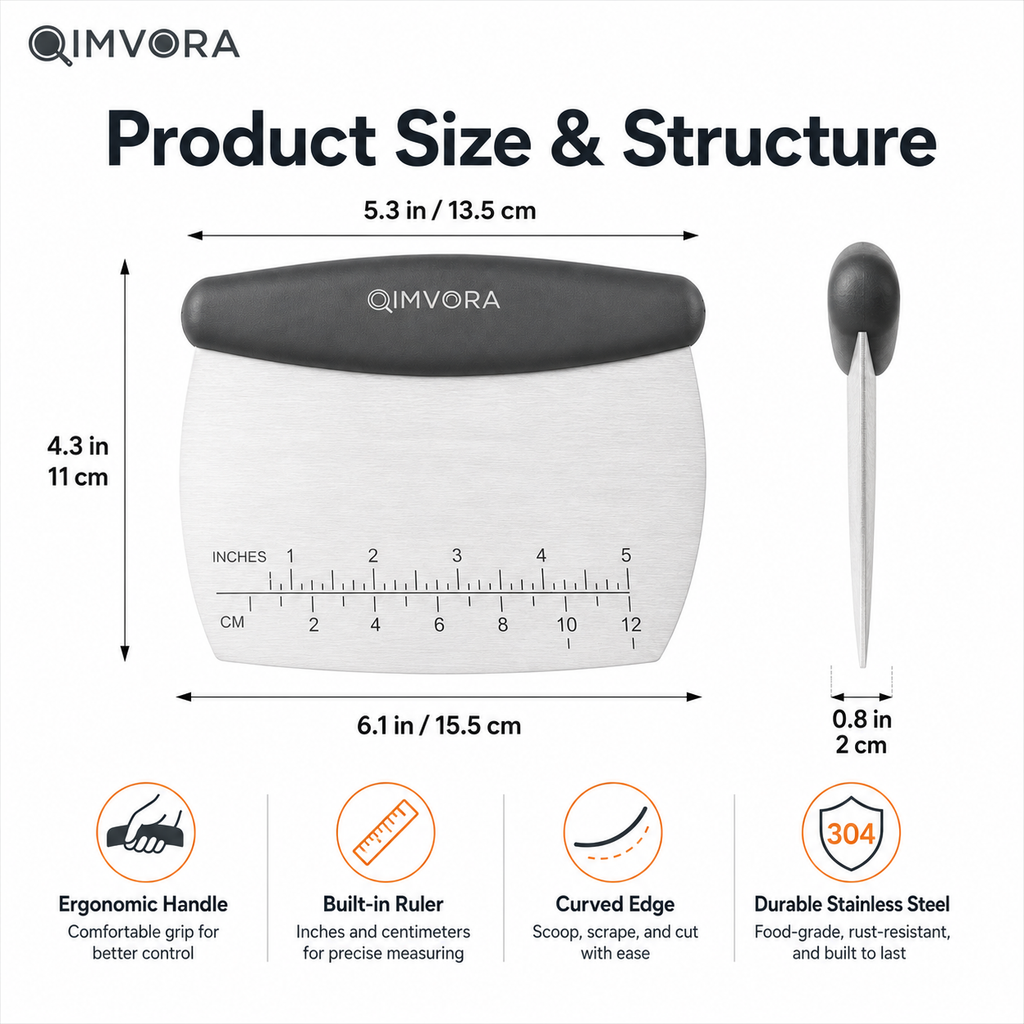QIMVORA Stainless Steel Dough Scraper with Ergonomic Handle – Professional Baking Bench Scraper with Measurement Ruler, Pastry Cutter, Dough Divider & Kitchen Counter Cleaner Tool