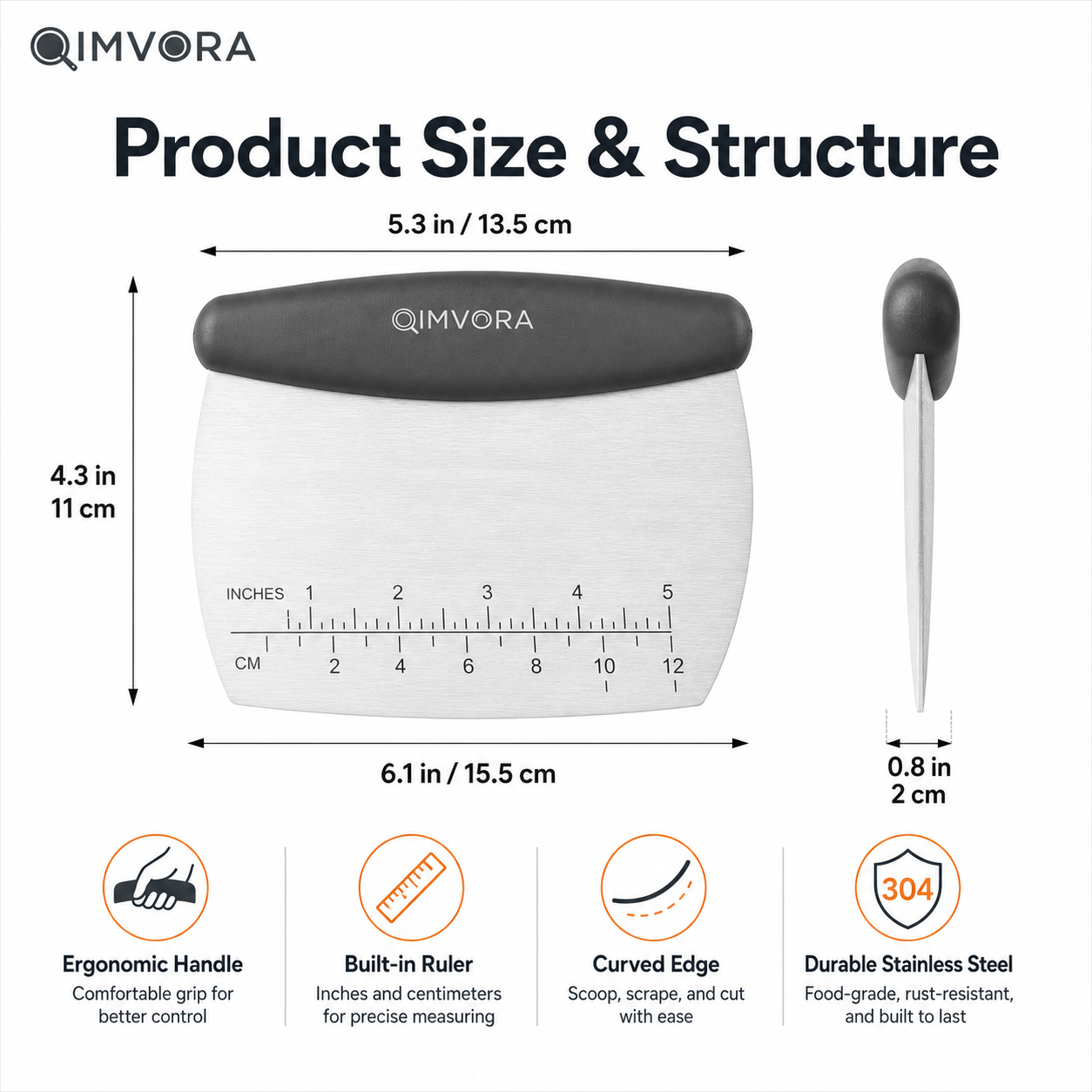 QIMVORA Stainless Steel Dough Scraper with Ergonomic Handle – Professional Baking Bench Scraper with Measurement Ruler, Pastry Cutter, Dough Divider & Kitchen Counter Cleaner Tool