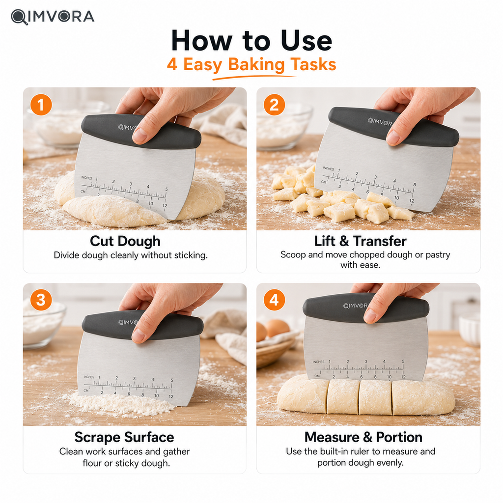 QIMVORA Stainless Steel Dough Scraper with Ergonomic Handle – Professional Baking Bench Scraper with Measurement Ruler, Pastry Cutter, Dough Divider & Kitchen Counter Cleaner Tool