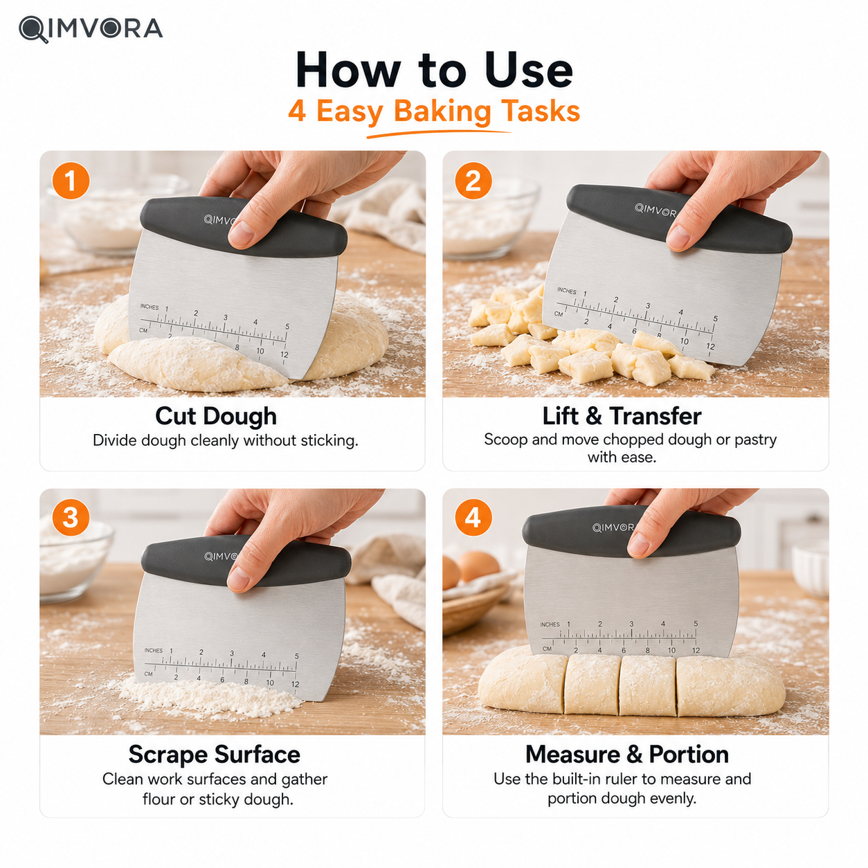 QIMVORA Stainless Steel Dough Scraper with Ergonomic Handle – Professional Baking Bench Scraper with Measurement Ruler, Pastry Cutter, Dough Divider & Kitchen Counter Cleaner Tool