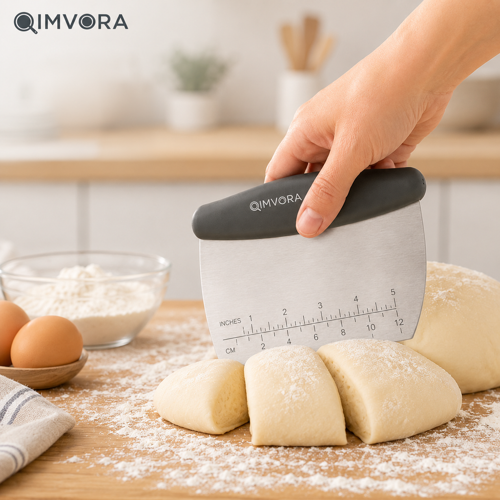 QIMVORA Stainless Steel Dough Scraper with Ergonomic Handle – Professional Baking Bench Scraper with Measurement Ruler, Pastry Cutter, Dough Divider & Kitchen Counter Cleaner Tool