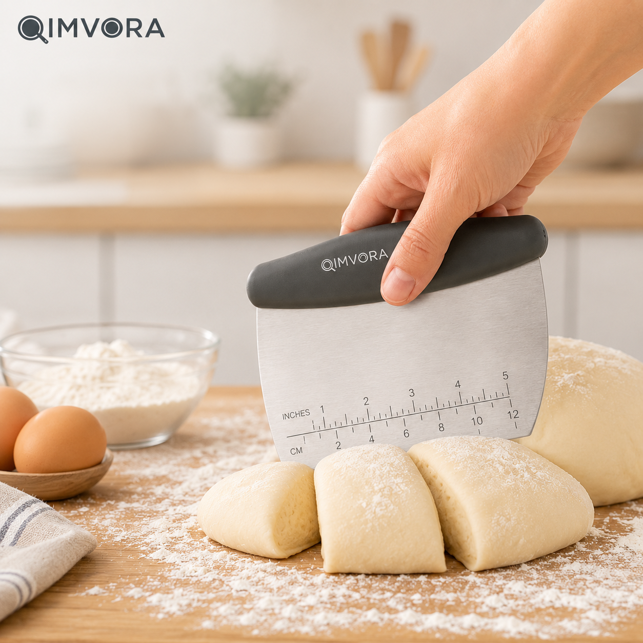 QIMVORA Stainless Steel Dough Scraper with Ergonomic Handle – Professional Baking Bench Scraper with Measurement Ruler, Pastry Cutter, Dough Divider & Kitchen Counter Cleaner Tool