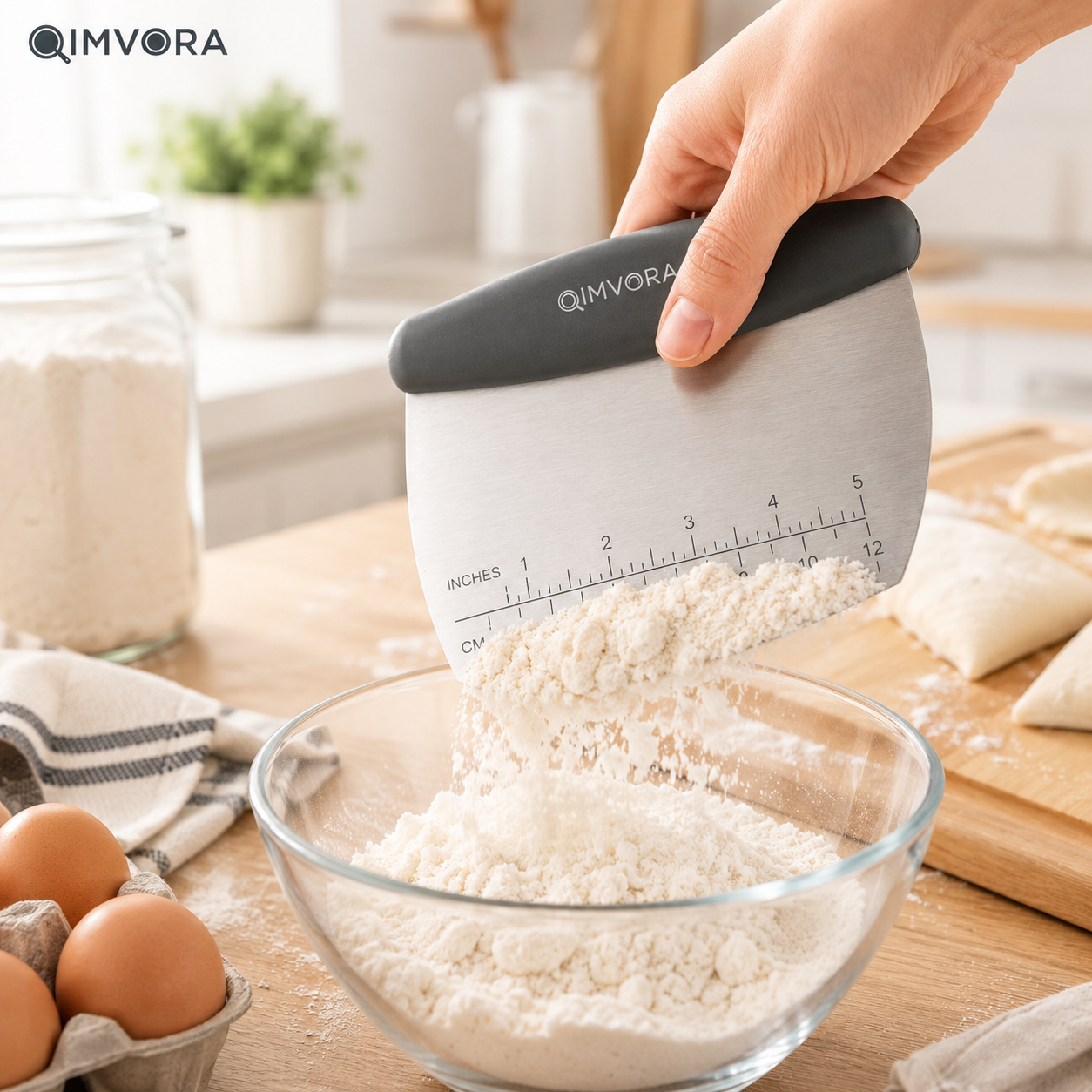 QIMVORA Stainless Steel Dough Scraper with Ergonomic Handle – Professional Baking Bench Scraper with Measurement Ruler, Pastry Cutter, Dough Divider & Kitchen Counter Cleaner Tool