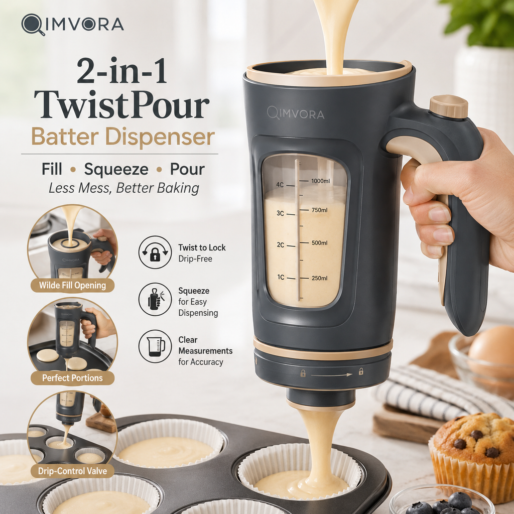 QIMVORA 4-Cup Batter Dispenser with Squeeze Handle, 1000 mL Pancake Batter Pourer with Measurement Window and Drip-Control Nozzle, Manual Cupcake, Muffin, Waffle and Baking Dispenser