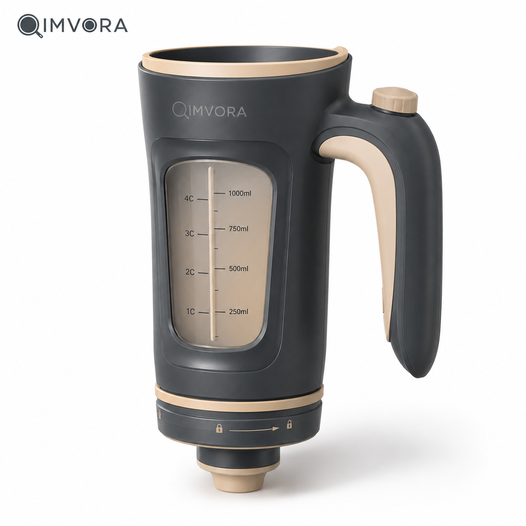 QIMVORA 4-Cup Batter Dispenser with Squeeze Handle, 1000 mL Pancake Batter Pourer with Measurement Window and Drip-Control Nozzle, Manual Cupcake, Muffin, Waffle and Baking Dispenser