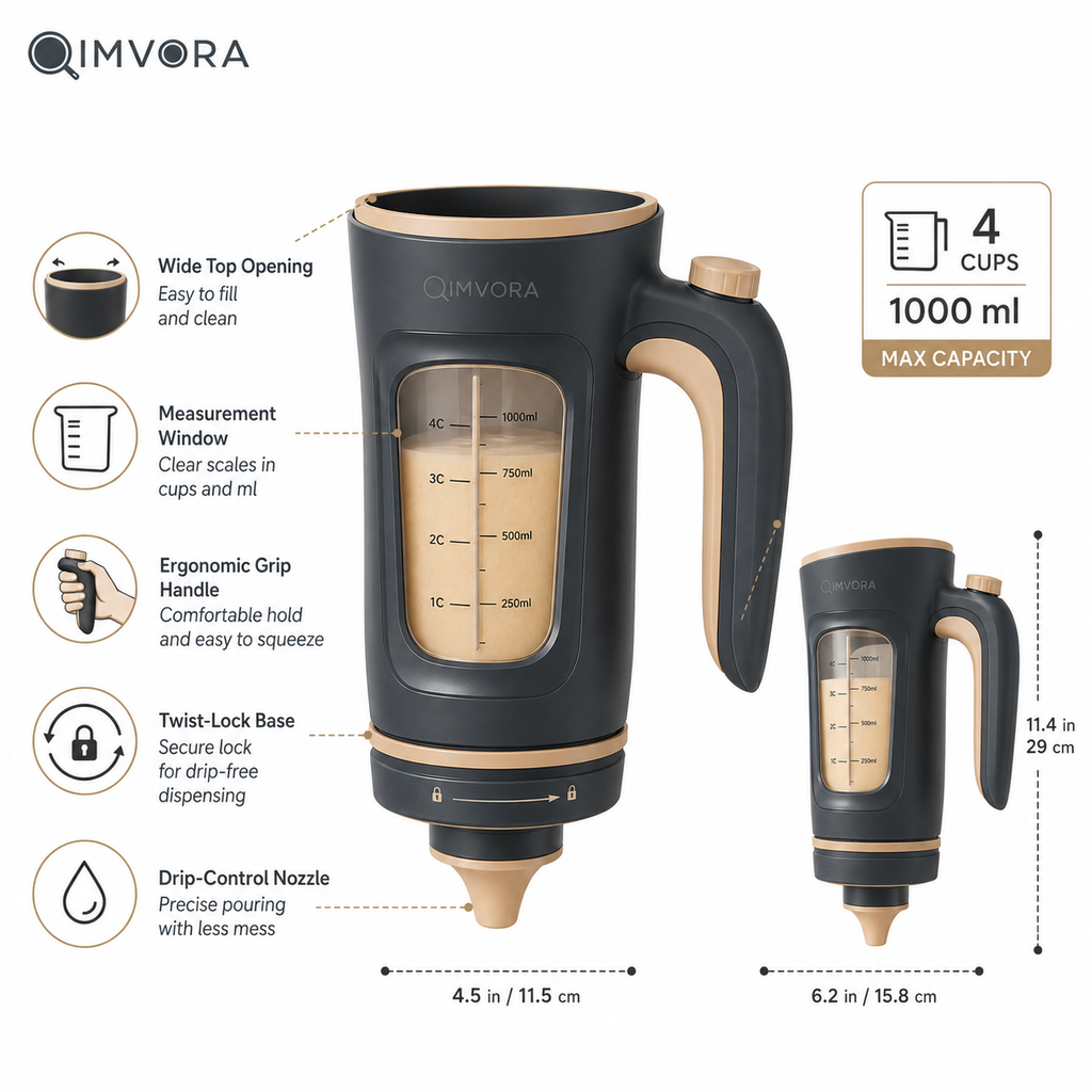QIMVORA 4-Cup Batter Dispenser with Squeeze Handle, 1000 mL Pancake Batter Pourer with Measurement Window and Drip-Control Nozzle, Manual Cupcake, Muffin, Waffle and Baking Dispenser