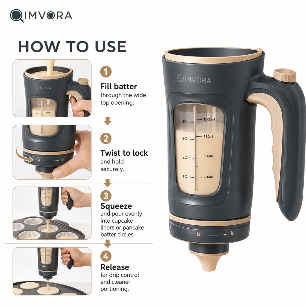 QIMVORA 4-Cup Batter Dispenser with Squeeze Handle, 1000 mL Pancake Batter Pourer with Measurement Window and Drip-Control Nozzle, Manual Cupcake, Muffin, Waffle and Baking Dispenser