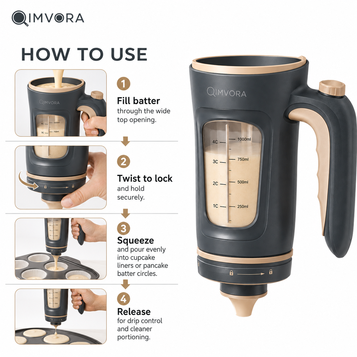 QIMVORA 4-Cup Batter Dispenser with Squeeze Handle, 1000 mL Pancake Batter Pourer with Measurement Window and Drip-Control Nozzle, Manual Cupcake, Muffin, Waffle and Baking Dispenser