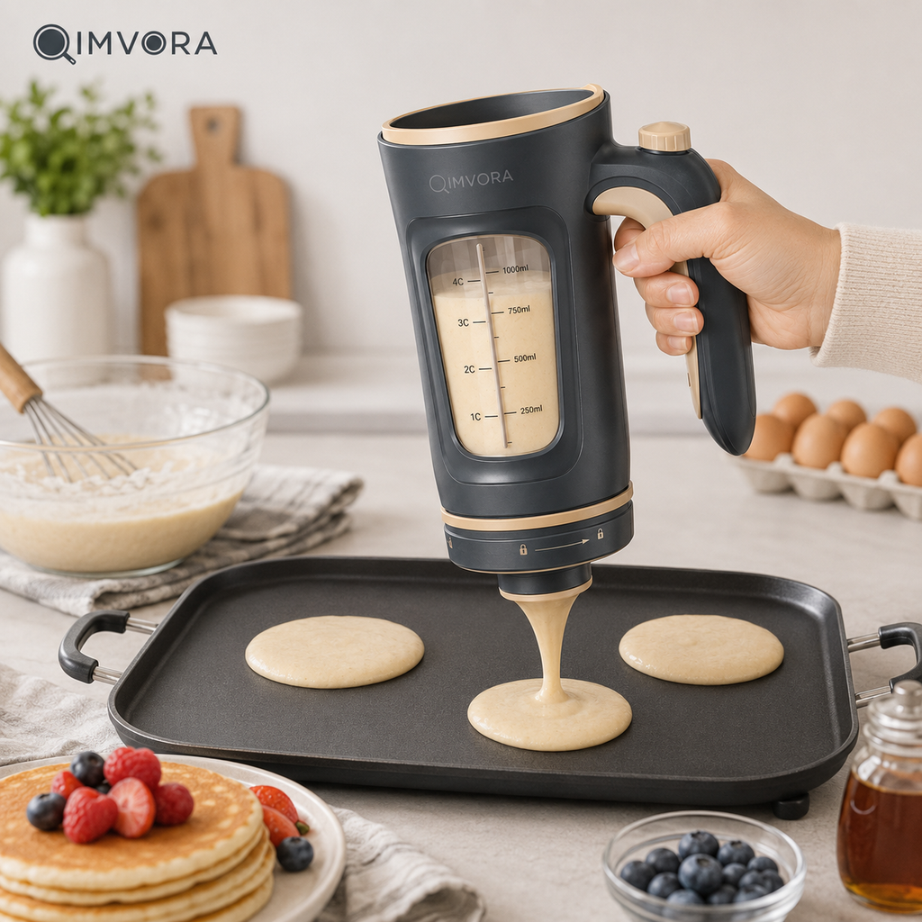 QIMVORA 4-Cup Batter Dispenser with Squeeze Handle, 1000 mL Pancake Batter Pourer with Measurement Window and Drip-Control Nozzle, Manual Cupcake, Muffin, Waffle and Baking Dispenser