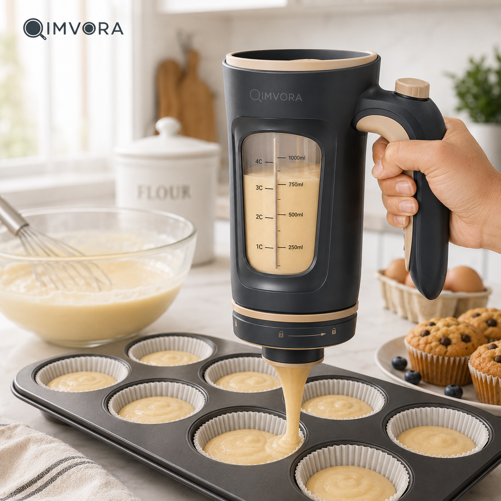 QIMVORA 4-Cup Batter Dispenser with Squeeze Handle, 1000 mL Pancake Batter Pourer with Measurement Window and Drip-Control Nozzle, Manual Cupcake, Muffin, Waffle and Baking Dispenser