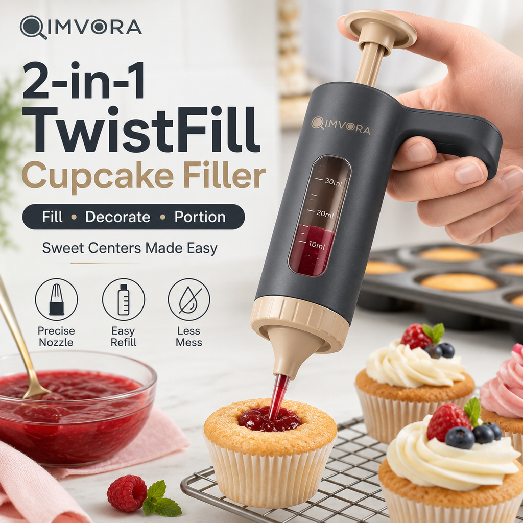 QIMVORA 2-in-1 Cupcake Filler, 30 ml Dessert Filling Syringe, Manual Pastry Filling Dispenser for Cupcakes, Donuts, Cream Puffs, Muffins, Jam, Custard, Jelly, Chocolate and Cream Filling